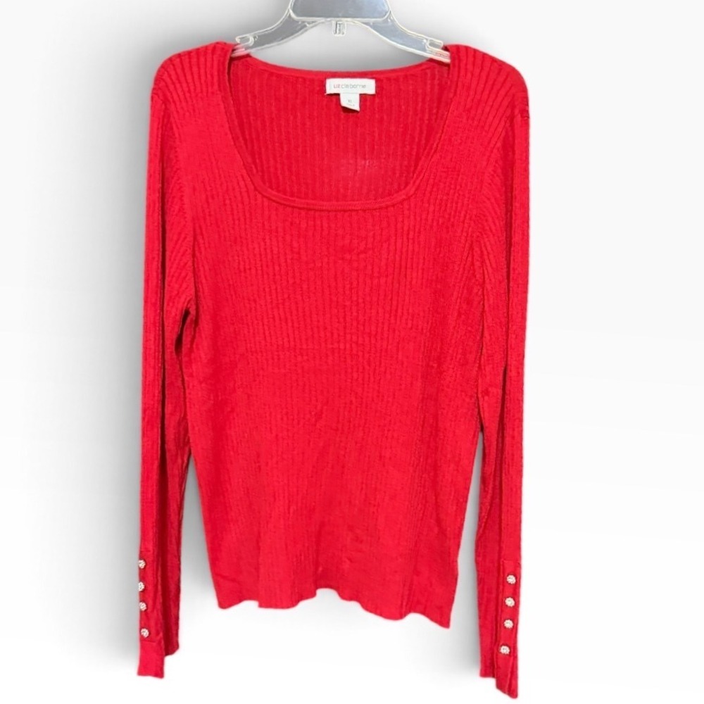 Liz Claiborne Ribbed Sweater Womens XL Red Square Neck Rhinestone Cuff Holiday